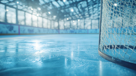 Empty goal net on an ice hockey rink, fresh ice and open space for textの素材