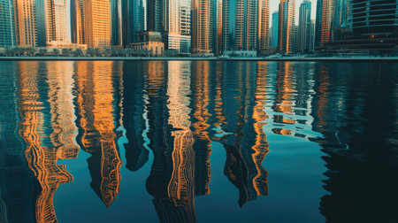 Modern skyscrapers in Dubai Marina with reflection on calm water, ample copy spaceの素材