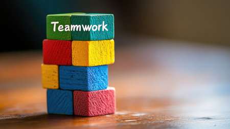 Stack of colorful blocks with "Teamwork" written on top, clean background, room for textの素材