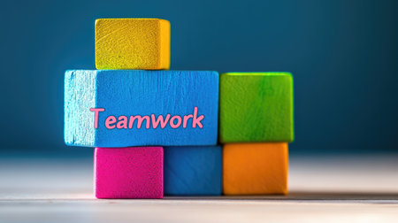 Stack of colorful blocks with "Teamwork" written on top, clean background, room for textの素材