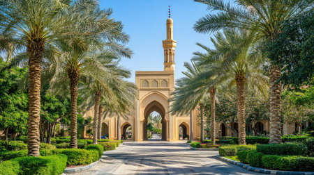 View of modern Emirati architecture with palm trees, copy spaceの素材