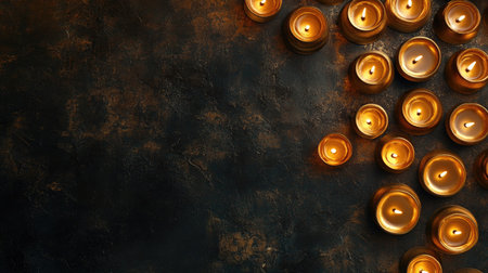 Golden oil lamps arranged in a pattern on a dark surface, copy space around for textの素材