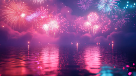 Stunning fireworks display over a South Asian river, vibrant colors with space for textの素材