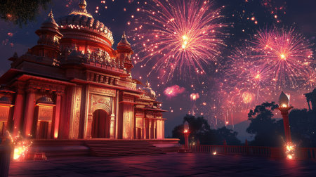 Stunning fireworks above a South Asian temple at night, celebrating with copy space for festive textの素材