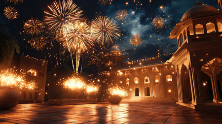 Stunning fireworks display over a South Asian courtyard, celebration theme with space for textの素材