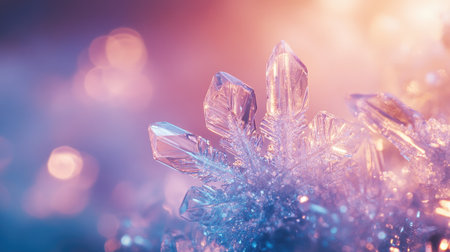 Ice-crystal snowflake close-up on blurred background, blank area for textの素材