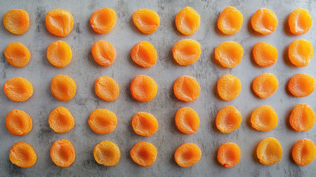 Bright orange fruit slices create a visually appealing pattern on a textured surface, perfect for food photography and culinary design projects.の素材