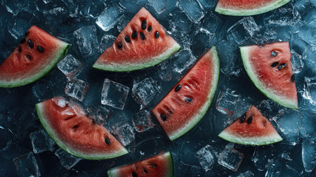 A stunning arrangement of fresh watermelon slices resting on ice cubes, perfect for evoking summer vibes and healthy eating in any culinary project.の素材