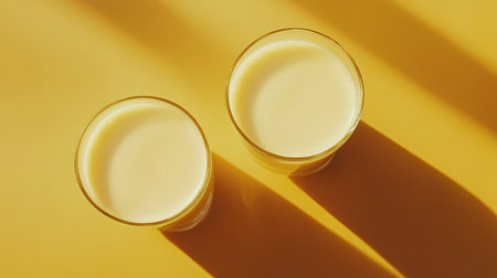 Two refreshing yellow drinks sit on a vibrant yellow surface, casting playful shadows. This bright, sunny image evokes feelings of summer and vitality.の素材