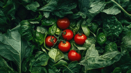 A beautiful composition of fresh red tomatoes nestled among lush green leaves. This image highlights the natural beauty of garden produce, ideal for food-related projects.の素材