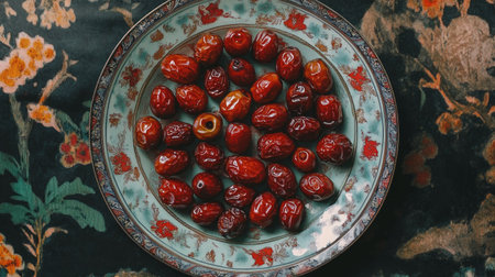 A stunning top-down view of a plate filled with vibrant dates, set against a beautifully patterned surface, showcasing natural colors and textures.の素材