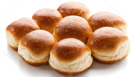 A vibrant image of freshly baked soft dinner rolls with a golden-brown crust. Perfect for advertising baked goods or showcasing culinary delights.の素材