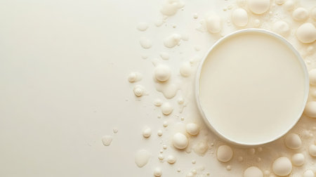 A minimalistic composition featuring creamy liquid in a bowl, surrounded by delicate droplets. Perfect for food-related projects and artistic presentations.の素材