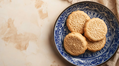 A beautiful arrangement of winter-themed cookies presented on a decorative blue plate, perfect for holiday gatherings or cozy tea time.の素材