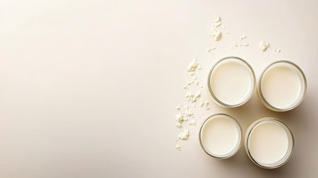 A minimalist composition featuring creamy desserts in jars, complemented by scattered ingredients, showcasing a light and airy aesthetic. Ideal for culinary visuals.の素材