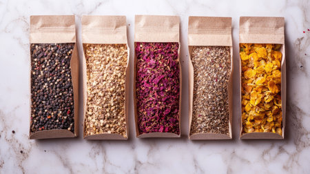 A vibrant assortment of colorful spices in eco-friendly brown paper packaging, ideal for enhancing culinary creations and adding flavor to dishes.の素材