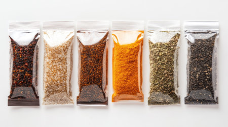 A vibrant assortment of spices and herbs presented in clear packets, perfect for enhancing flavor in culinary creations. Ideal for chefs and food enthusiasts.の素材