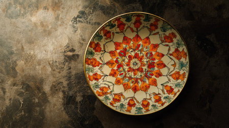 This captivating decorative plate features an intricate floral design, showcasing vibrant colors and detailed craftsmanship that enhance any table setting or decor.の素材