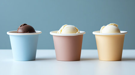 Three pastel cups filled with chocolate and vanilla ice cream scoops creating a delightful presentation; perfect for summer treats and sweet indulgences.の素材