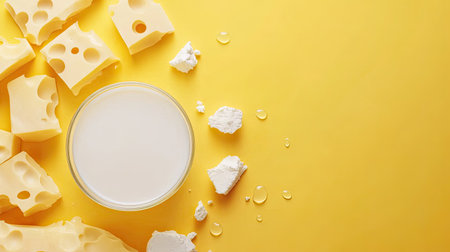 A stunning still life featuring cheese slices and a glass of milk on a vibrant yellow surface. Perfect for food-related themes, highlighting freshness and dairy.の素材