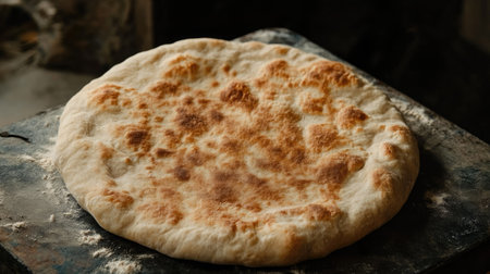 A beautifully baked round flatbread resting on a rustic surface, showcasing its golden crust and soft interior. Perfect for various meals and gatherings.の素材