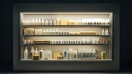 A modern refrigerator showcases a vibrant assortment of dairy products including milk, cheese, and yogurt, highlighting freshness and variety in a stylish display.の素材