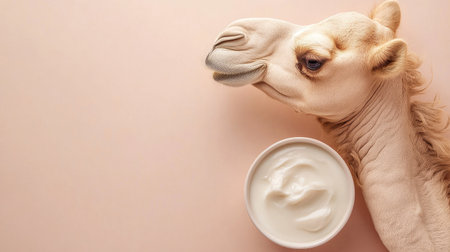 A camel's face beside a bowl of yogurt, showcasing food and animal themes. The soft background creates a warm, inviting atmosphere for food lovers.の素材