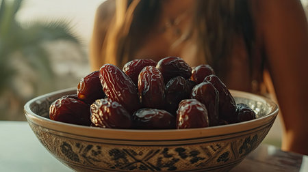 A beautifully arranged bowl of fresh dates captures the essence of a healthy snack. Set against a warm sunset, this image showcases natural beauty and vibrant colors.の素材