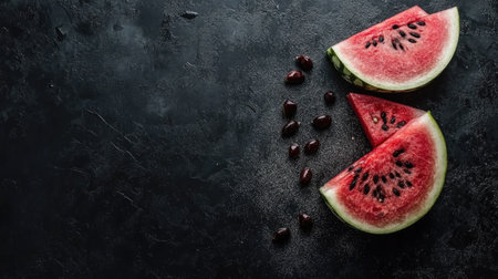 Bright and vibrant watermelon slices reveal juicy red flesh and dark seeds on a textured black background, perfect for healthy summer snacks and recipes.の素材