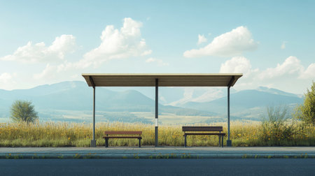 A serene bus stop set against a tranquil landscape featuring mountains and open fields, capturing a peaceful moment in nature's beauty.の素材