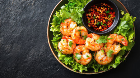 A vibrant plate featuring fresh shrimp garnished with herbs, served on a bed of greens, accompanied by a spicy dipping sauce for an exquisite culinary experience.の素材