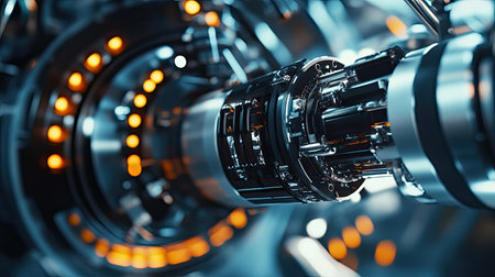 Closeup view of a futuristic industrial mechanism featuring intricate details and bright accents. Perfect for technology and innovation themes.の素材