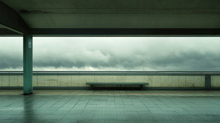 A minimalist urban scene featuring a lone bench under dramatic, cloudy skies. The composition emphasizes space and tranquility in a contemporary setting.の素材