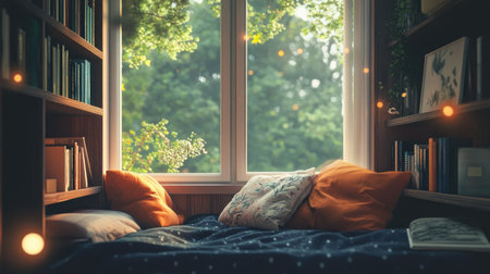 A cozy reading nook featuring soft cushions by a large window, allowing natural light to pour in, creating a serene atmosphere with lush greenery outside.の素材