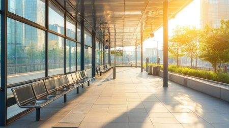 A modern train station platform bathed in warm sunlight, featuring sleek lines and minimalist design. The empty waiting area invites a sense of tranquility and space.の素材