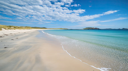 A tranquil beach scene featuring clear water, soft sand, and a blue sky with fluffy clouds. Ideal for conveying relaxation, nature, and vacation vibes.の素材
