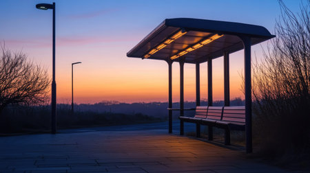 A peaceful bus stop scene captured at dusk, featuring illuminated benches and a serene landscape, perfect for transport-related themes and tranquil moments.の素材