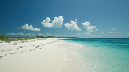 Enjoy a tranquil beach scene featuring soft white sand, clear turquoise water, and fluffy clouds under a bright blue sky, perfect for relaxation.の素材