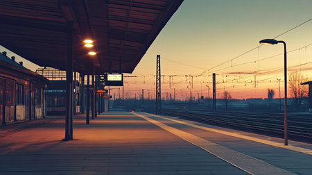 A tranquil view of an empty train station at sunset, with warm lights casting a gentle glow on the platform. The scene captures the beauty of twilight and the essence of travel.の素材