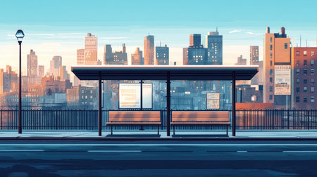 A serene urban scene showcasing a bus stop with a stunning city skyline in the background during dusk. Ideal for transportation and cityscape themes.の素材