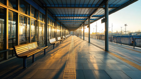 A modern train station's empty platform bathed in soft morning light. The tranquil scene features neatly arranged benches, emphasizing urban design and serenity.の素材