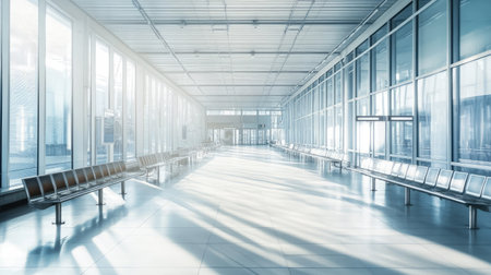 A bright and spacious airport terminal interior featuring modern architecture, large glass windows, and a calm atmosphere, ideal for travel and waiting.の素材