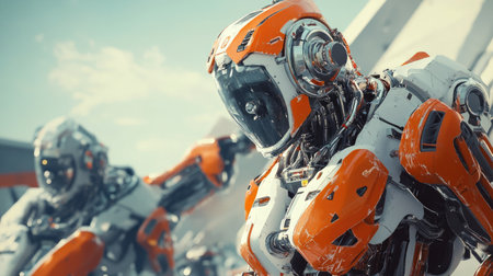 Explore a stunning image of a futuristic robot in vibrant orange and silver, showcasing advanced technology and mechanical design in a creative setting.の素材