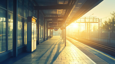 A serene morning scene featuring an empty train station platform illuminated by the soft glow of sunrise, highlighting the beauty of travel.の素材