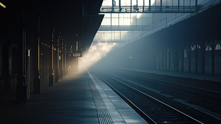 A serene scene of a misty train station at dawn, featuring soft light illuminating the empty platform and tracks. Perfect for travel and urban themes.の素材