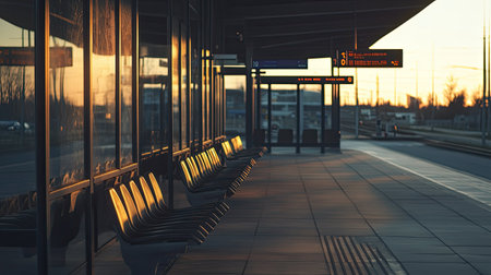 A tranquil image of an empty bus station at sunset, featuring benches illuminated by warm light. The reflective surfaces create a serene urban atmosphere, perfect for travel themes.の素材