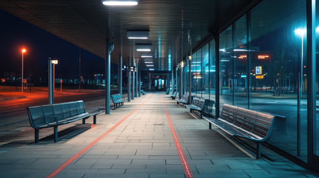A serene nighttime view of an empty bus station featuring modern benches and glowing lights, emphasizing the solitude of urban transportation spaces.の素材