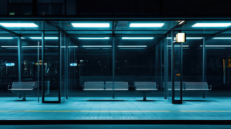 A captivating view of a modern bus shelter illuminated by neon lights at night, showcasing its sleek glass design and minimalistic architecture.の素材