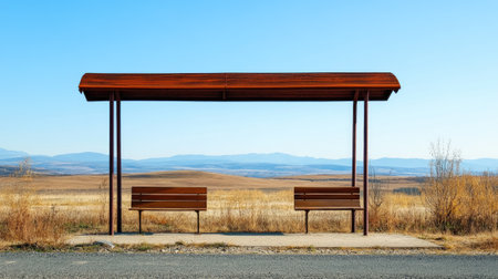A serene bus stop with wooden benches stands alone in a vast landscape, set against a clear blue sky. Ideal for travel or solitude themes.の素材