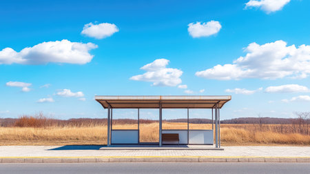 A modern bus stop situated in a rural landscape under a clear blue sky with fluffy clouds. The minimalist design invites a serene and peaceful atmosphere.の素材